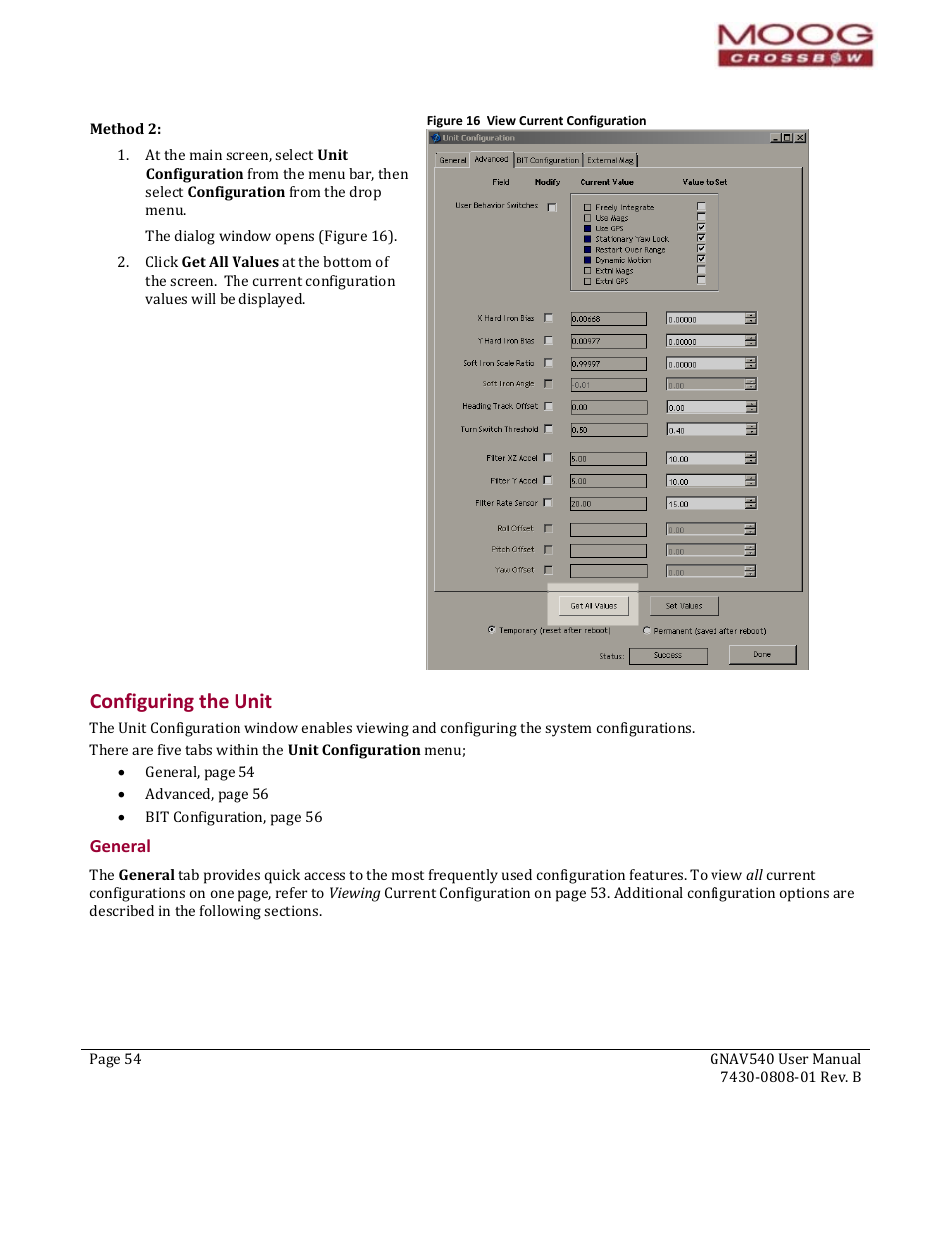 Configuring the unit, General, Viewing current configurations | Nfiguring the unit, Figure 16 view current configuration, Nit configura, Onfigura, Configuring th, Pa the configura | Moog Crossbow GNAV540 User Manual | Page 54 / 132