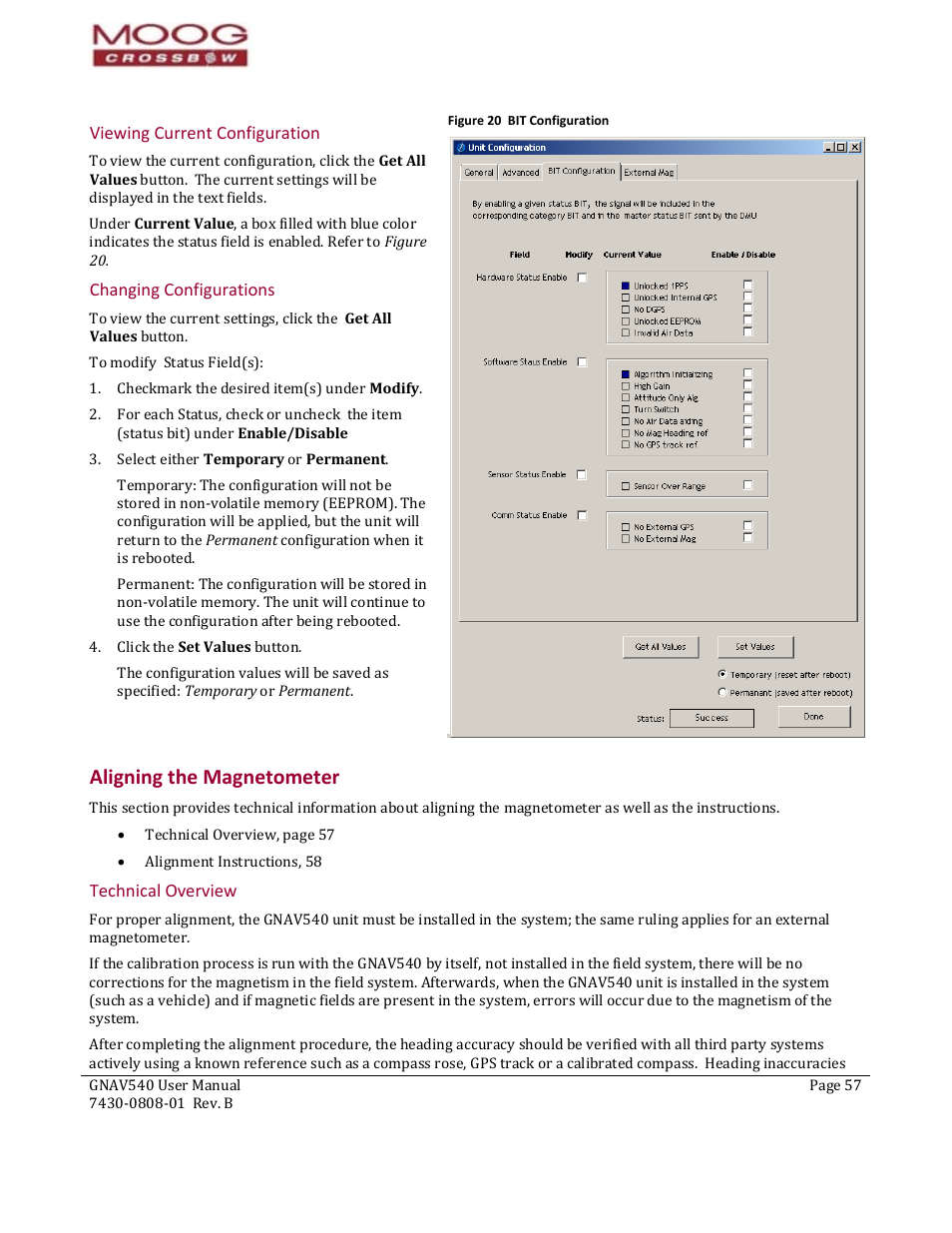 Viewing current configuration, Changing configurations, Aligning the magnetometer | Igning the magnetometer, Technical overview, Figure 20 bit configuration, Bit config | Moog Crossbow GNAV540 User Manual | Page 57 / 132