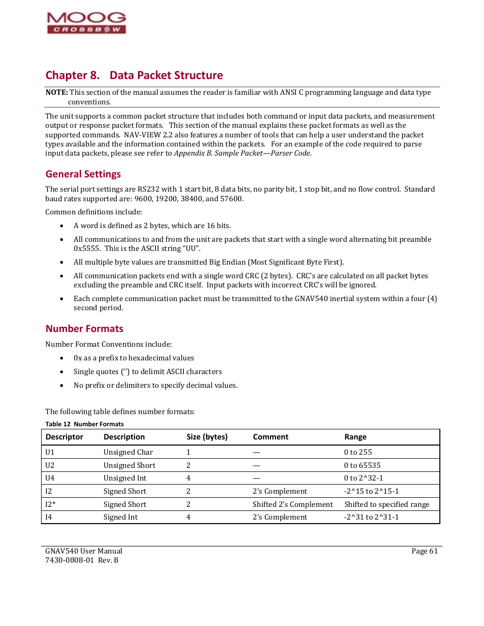 Chapter 8. data packet structure, General settings, Number formats | Descriptor, Description, Size (bytes), Comment, Range, Apter 8, Data packet structure | Moog Crossbow GNAV540 User Manual | Page 61 / 132