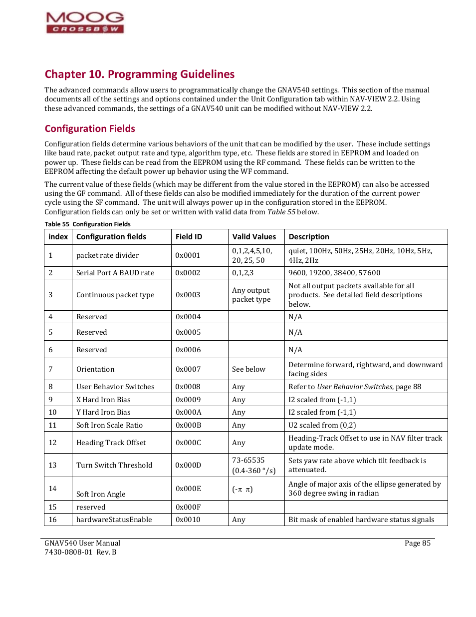 Chapter 10. programming guidelines, Configuration fields, Index | Field id, Valid values, Description, Table 55 configuration fields, Hapter 10. programming, Uidelines, The gyros | Moog Crossbow GNAV540 User Manual | Page 85 / 132
