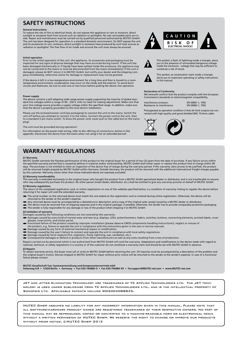 Warranty regulations, Safety instructions | MUTEC MC-4 User Manual | Page 3 / 26