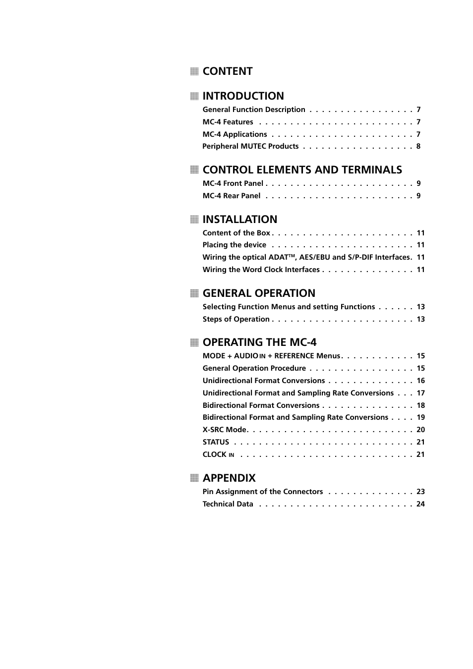 Content introduction, Control elements and terminals, Installation | General operation, Operating the mc-4, Appendix | MUTEC MC-4 User Manual | Page 5 / 26