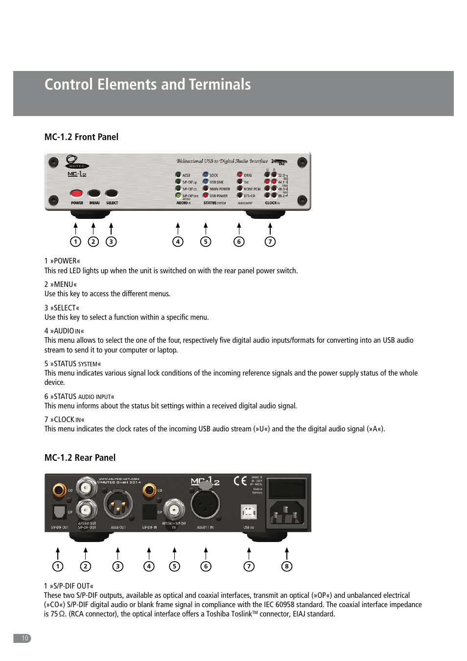 Control elements and terminals, Mc-1.2 front panel, Mc-1.2 rear panel | MUTEC MC-1.2 User Manual | Page 10 / 20