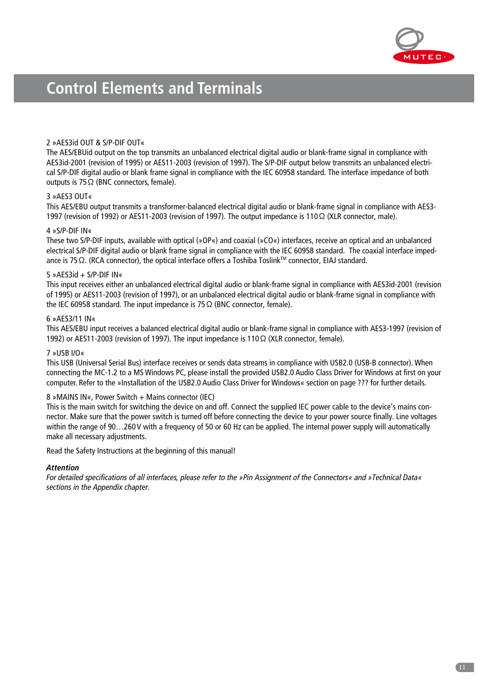 Control elements and terminals | MUTEC MC-1.2 User Manual | Page 11 / 20