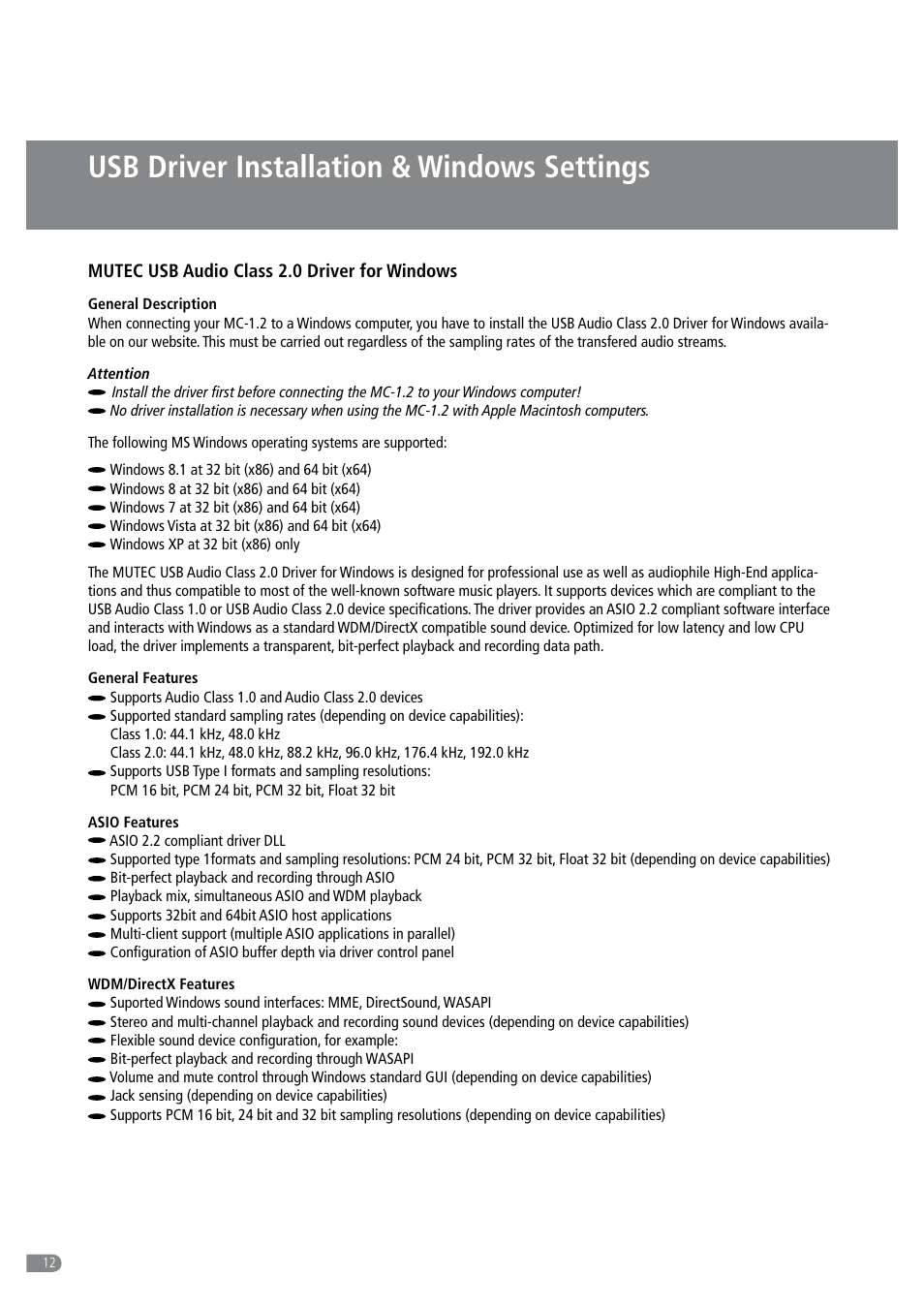 Usb driver installation & windows settings | MUTEC MC-1.2 User Manual | Page 12 / 20