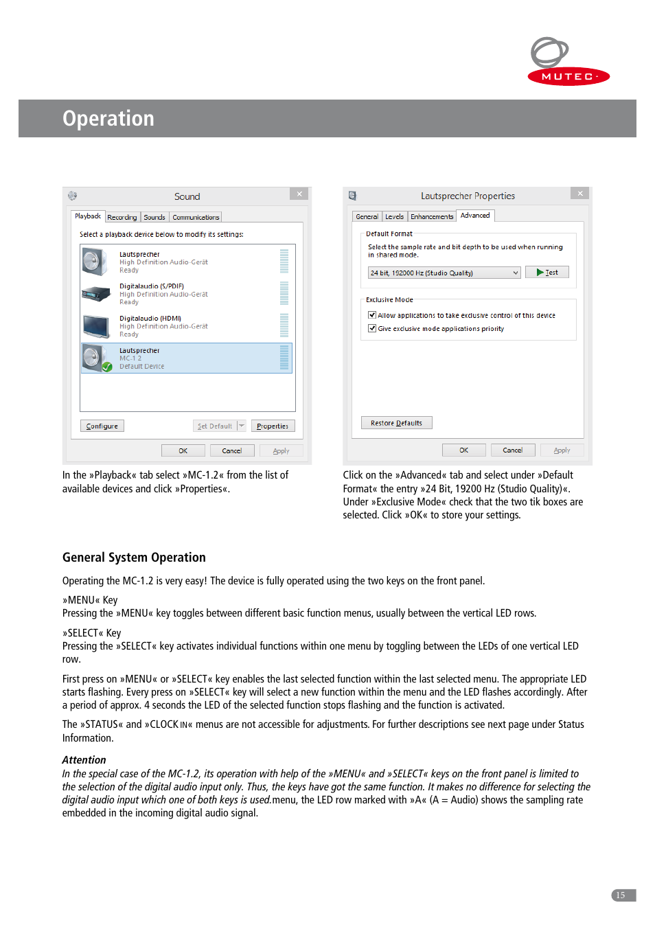 Operation | MUTEC MC-1.2 User Manual | Page 15 / 20