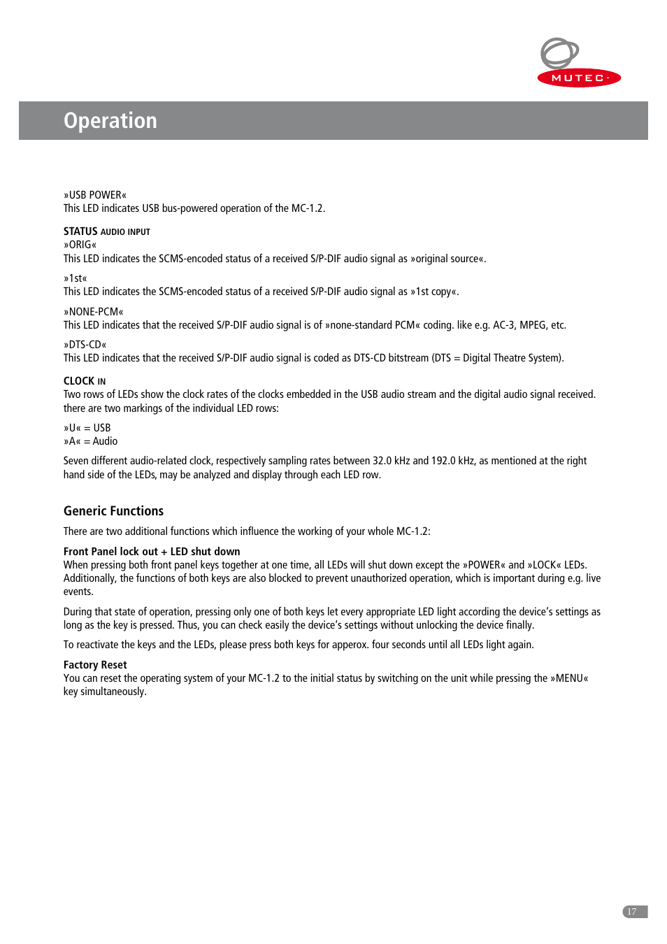 Operation | MUTEC MC-1.2 User Manual | Page 17 / 20