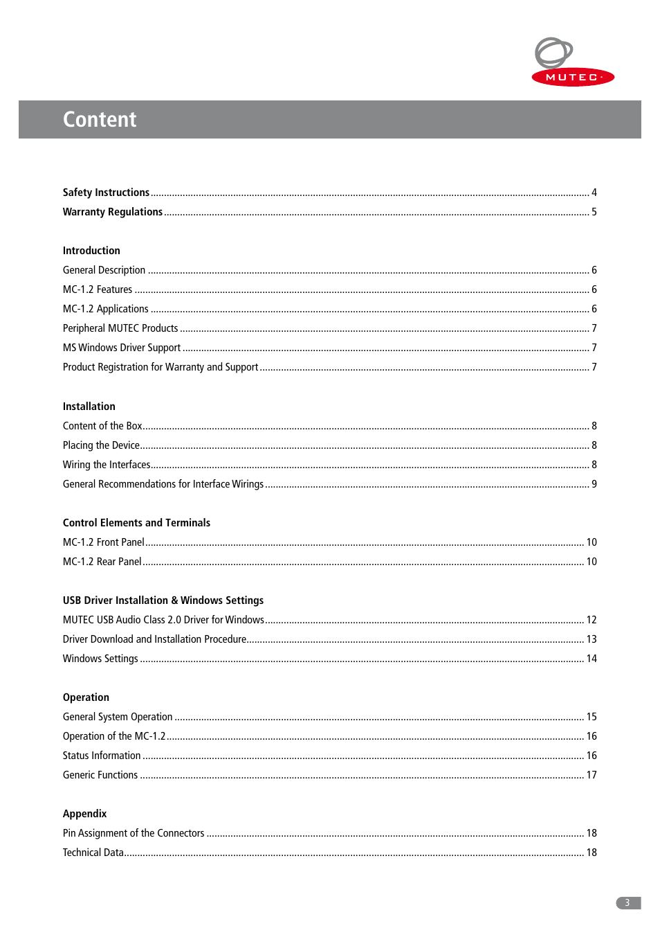 Content | MUTEC MC-1.2 User Manual | Page 3 / 20
