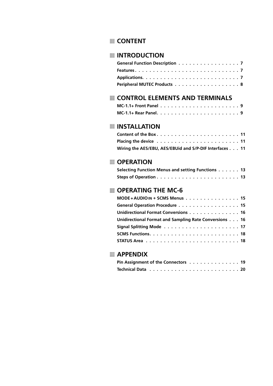 Content introduction, Control elements and terminals, Installation | Operation, Operating the mc-6, Appendix | MUTEC MC-1.1+ User Manual | Page 5 / 22