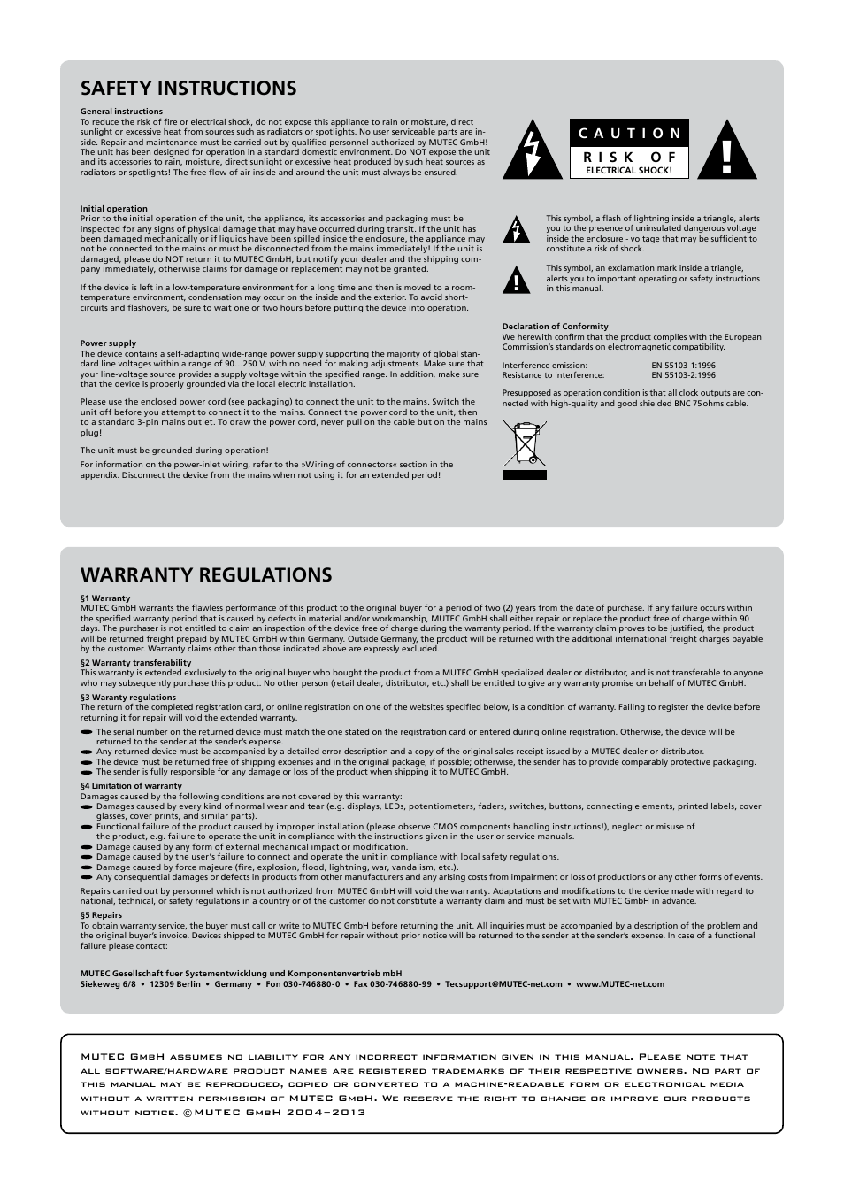 Safety instructions, Warranty regulations | MUTEC iClock User Manual | Page 3 / 42