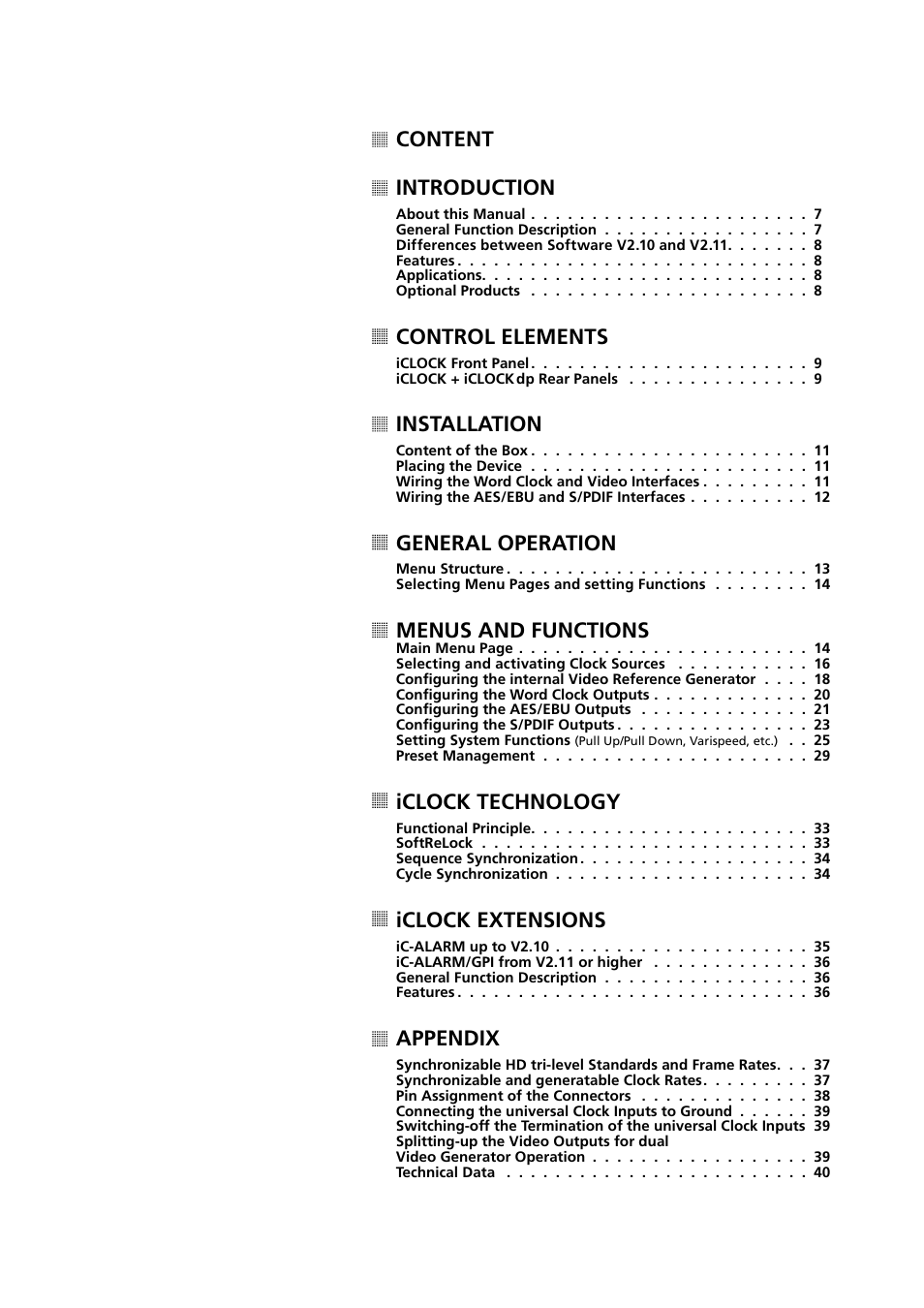 Content introduction, Control elements, Installation | General operation, Menus and functions, Iclock technology, Iclock extensions, Appendix | MUTEC iClock User Manual | Page 5 / 42