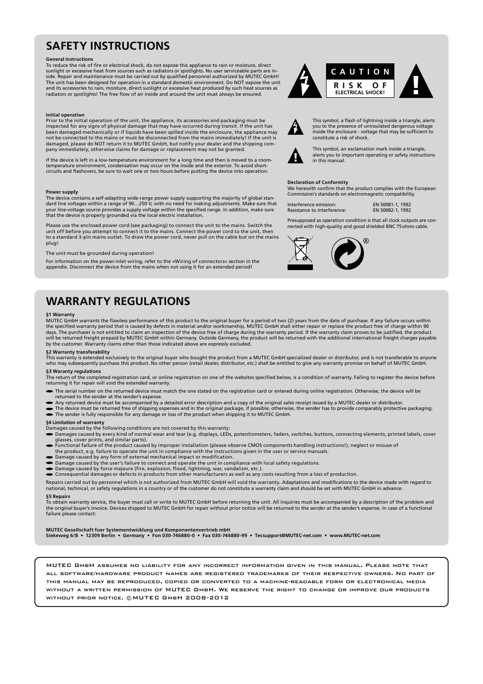 Warranty regulations, Safety instructions | MUTEC MC-3.3 Smart Clock VR User Manual | Page 3 / 20