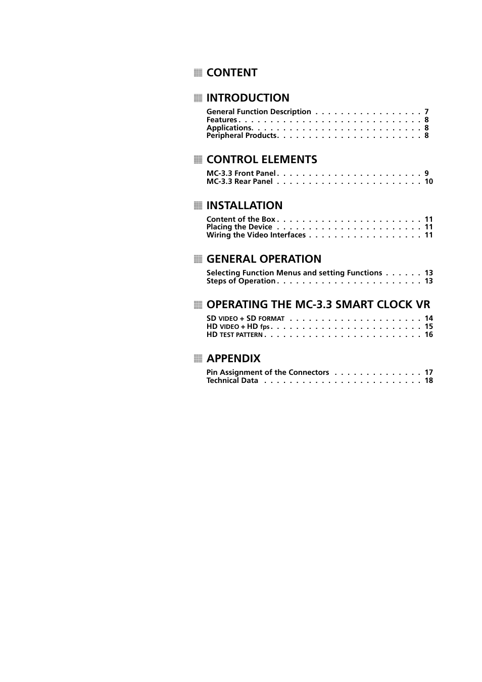 Content introduction, Control elements, Installation | General operation, Operating the mc-3.3 smart clock vr, Appendix | MUTEC MC-3.3 Smart Clock VR User Manual | Page 5 / 20