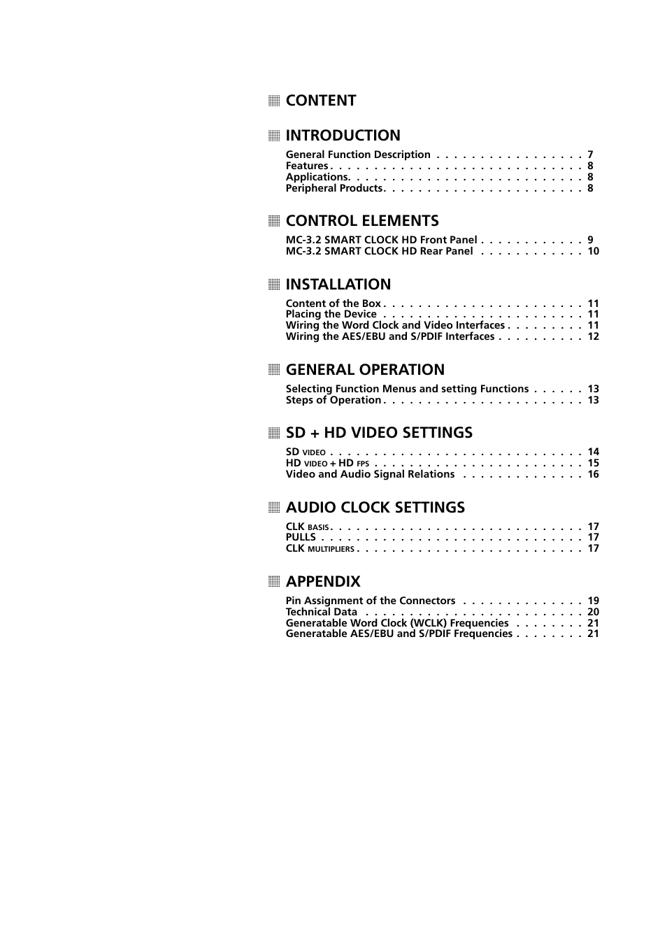 Content introduction, Control elements, Installation | General operation, Sd + hd video settings, Audio clock settings, Appendix | MUTEC MC-3.2 Smart Clock HD User Manual | Page 5 / 22