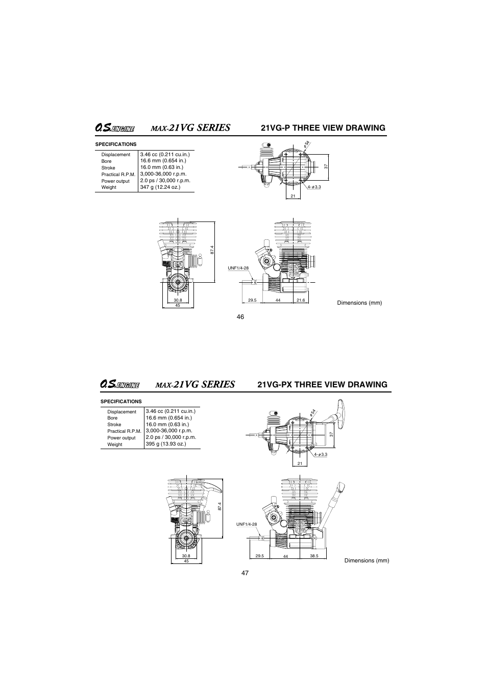 21vg-p three view drawing, 21vg-px three view drawing | O.S. Engines 21VG-PX User Manual | Page 24 / 25