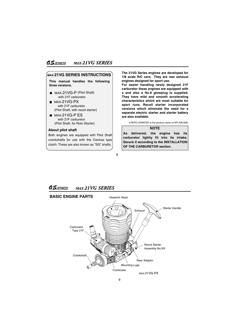 21vg series instructions, 21vg-p, 21vg-px | 21vg-p es, Basic engine parts | O.S. Engines 21VG-PX User Manual | Page 5 / 25