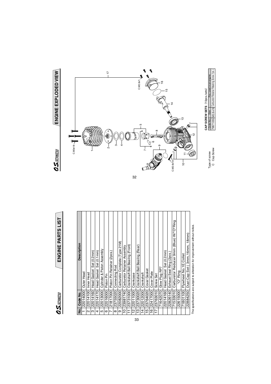 Engine exploded view, Engine pa r ts list | O.S. Engines 21XZ-R User Manual | Page 17 / 20