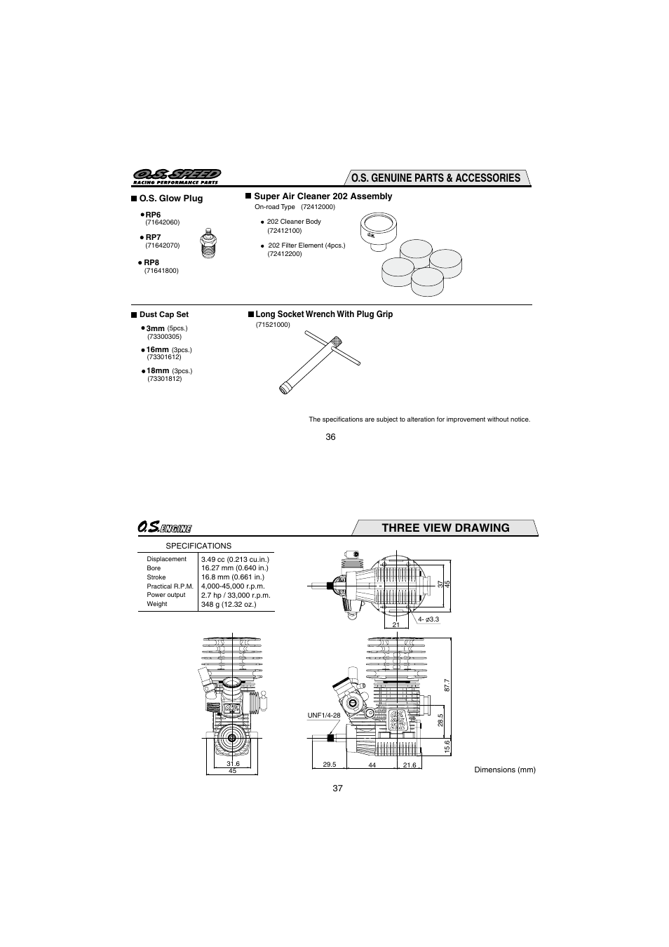 O.s. genuine parts & accessories, Three view drawing | O.S. Engines 21XZ-R User Manual | Page 19 / 20