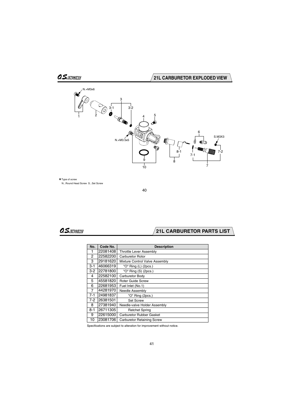 21l carburetor exploded view, 21l carburetor parts list | O.S. Engines 35AX User Manual | Page 21 / 26