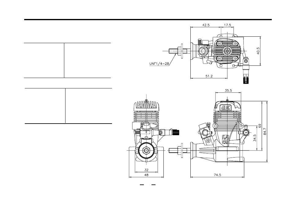 Max-40la/46la three view drawing | O.S. Engines 65LA User Manual | Page 38 / 40
