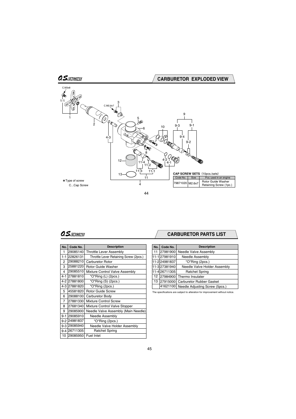 Carburetor exploded view, Carburetor parts list | O.S. Engines 91HZ User Manual | Page 23 / 25