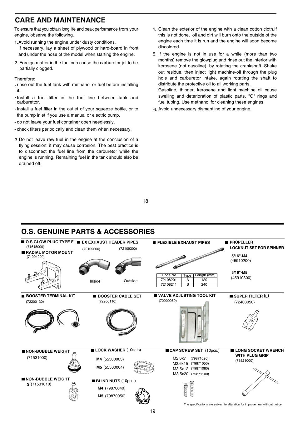 Care and maintenance, O.s. genuine parts & accessories | O.S. Engines FS-120S-E User Manual | Page 10 / 13