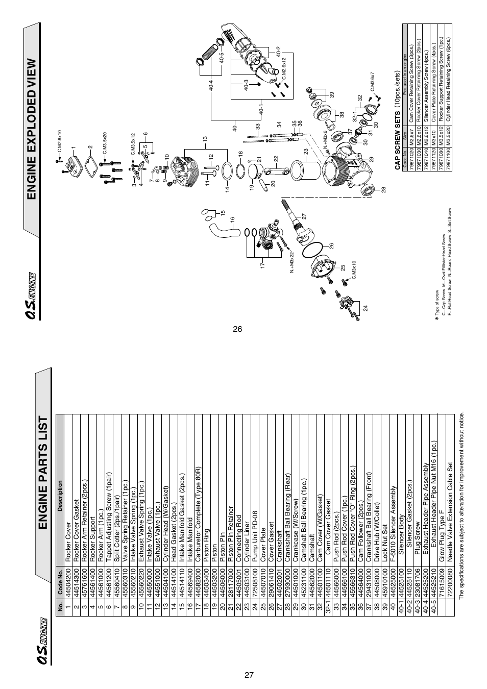 Engine exploded view, Engine parts list | O.S. Engines FS-200S-P User Manual | Page 14 / 16