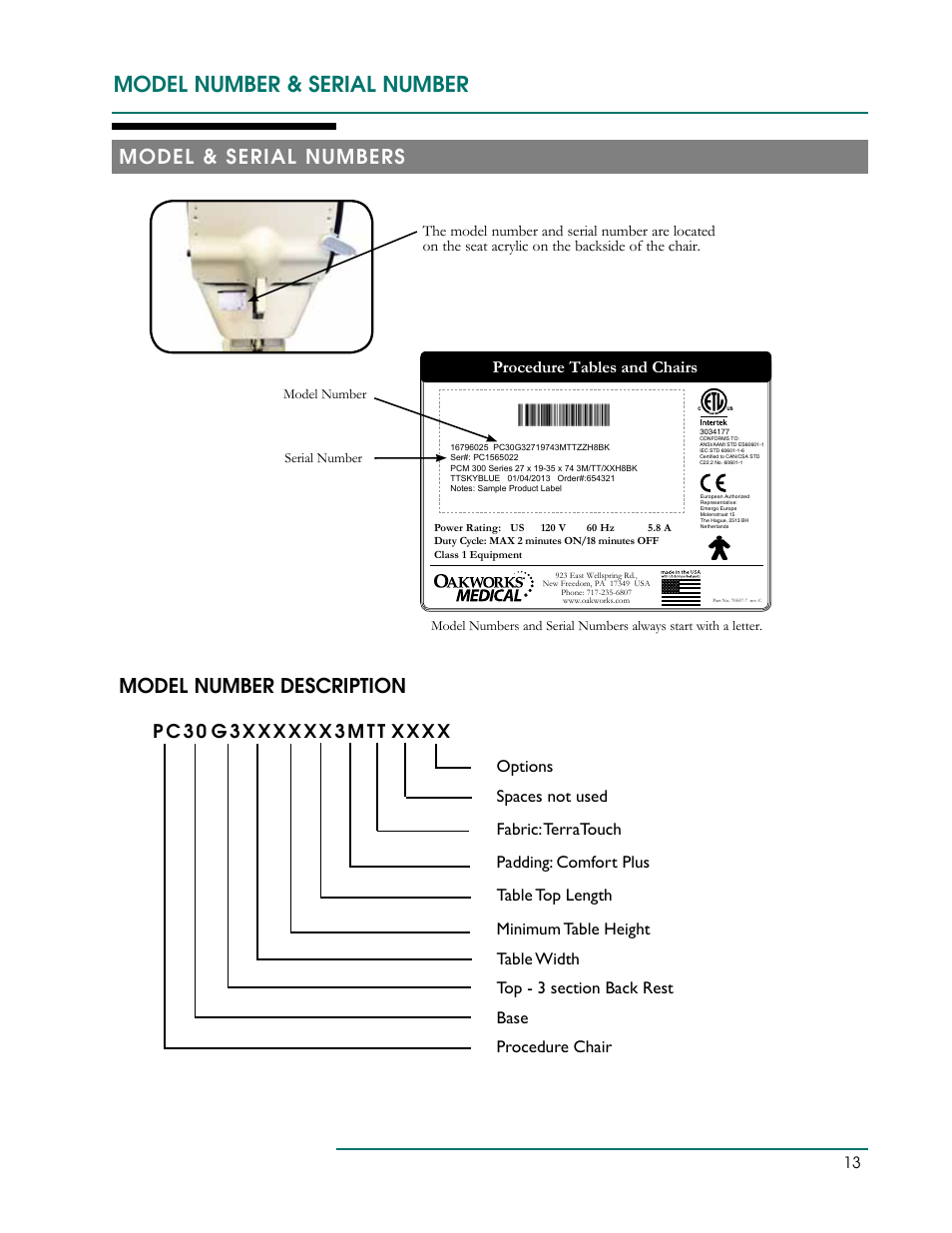 Model number & serial number, Model & serial numbers model number description, P c 3 0 | X x x x, Procedure tables and chairs | Oakworks 300 Series Procedure Chair Rev.B User Manual | Page 16 / 24