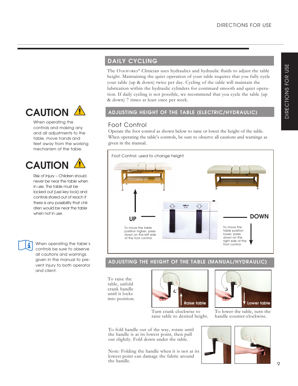 Caution, Foot control, Daily cycling | Down | Oakworks Clinician - Electric / Hyrdaulic User Manual | Page 11 / 20