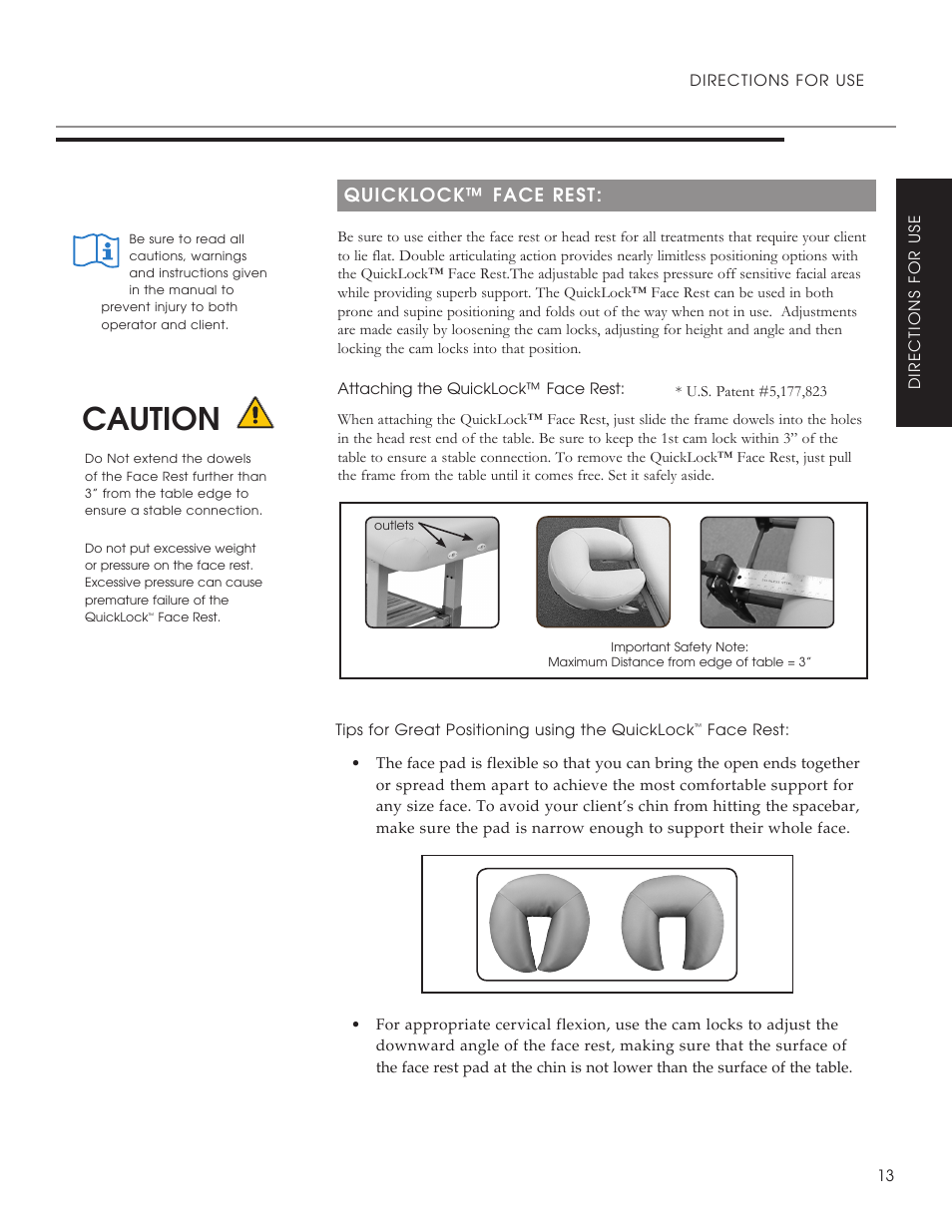Caution, Quicklock™ face rest & head rest, Quicklock™ face rest | Oakworks Clinician - Electric / Hyrdaulic User Manual | Page 15 / 20