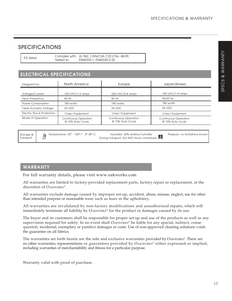 Specifications, Electrical specifications, Warranty | Oakworks Clinician - Electric / Hyrdaulic User Manual | Page 19 / 20