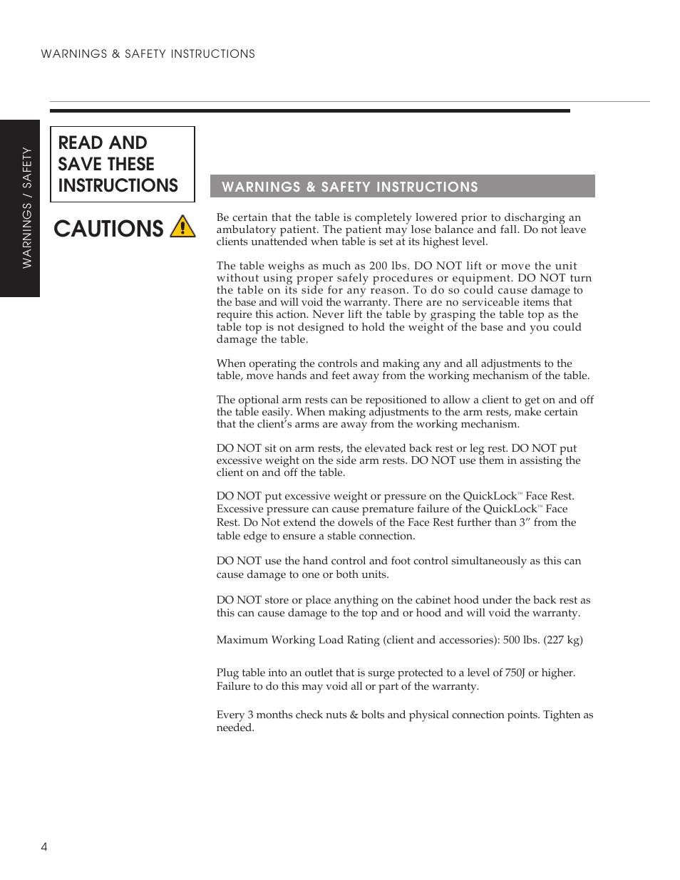 Cautions, Read and save these instructions | Oakworks Clinician - Electric / Hyrdaulic User Manual | Page 6 / 20