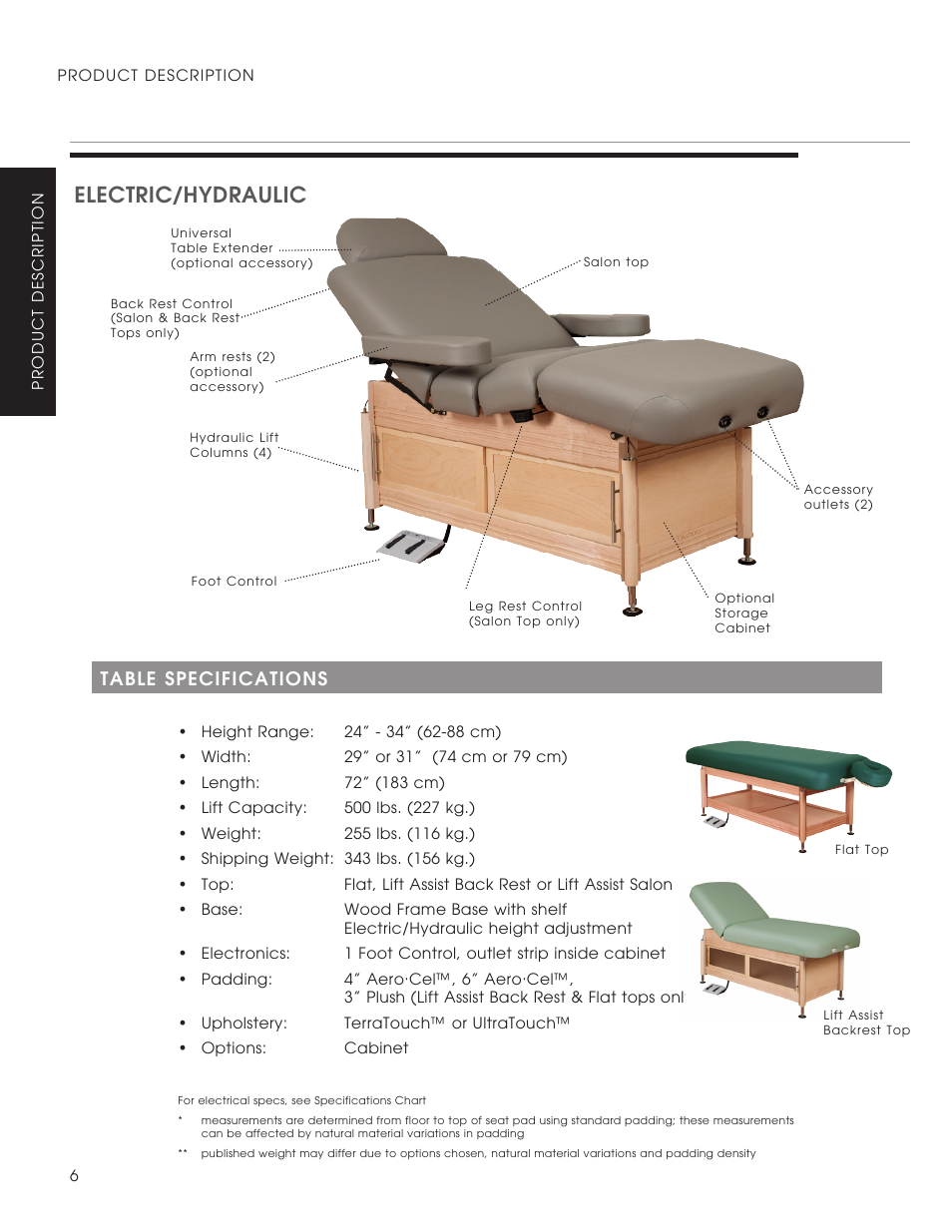 Electric/hydraulic, Table specifications | Oakworks Clinician - Electric / Hyrdaulic User Manual | Page 8 / 20