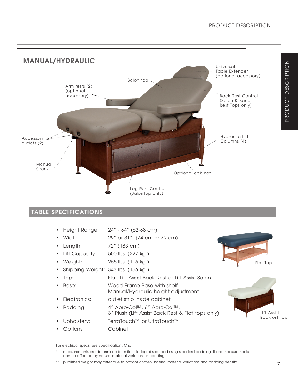 Manual/hydraulic, Table specifications | Oakworks Clinician - Electric / Hyrdaulic User Manual | Page 9 / 20