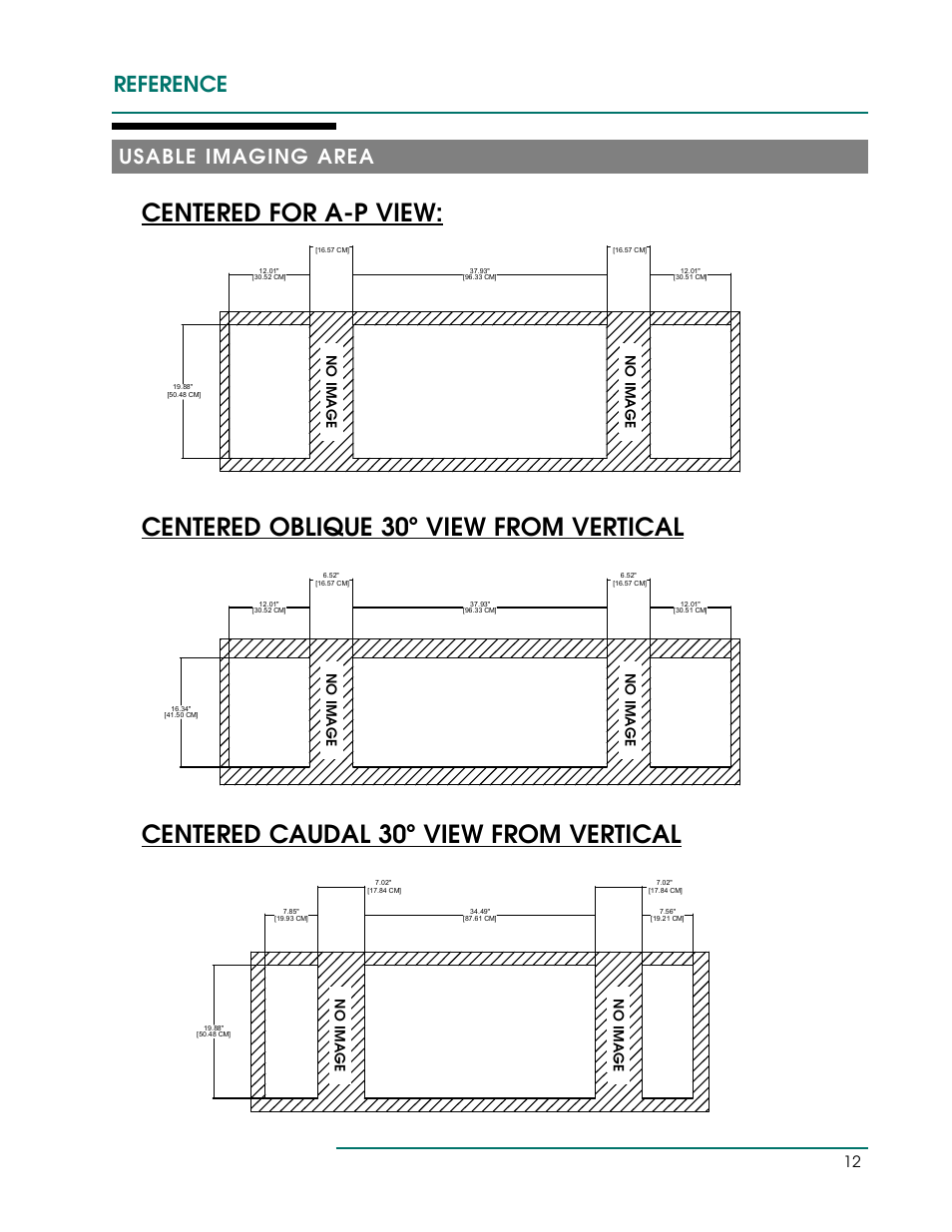 Centered for a-p view, Centered oblique 30º view from vertical, Centered caudal 30º view from vertical | Reference, Usable imaging area | Oakworks DTPM300 User Manual | Page 15 / 24