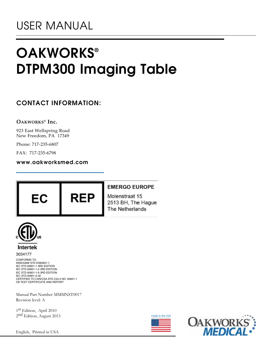 Oakworks, Dtpm300 imaging table, User manual | Contact information | Oakworks DTPM300 User Manual | Page 24 / 24