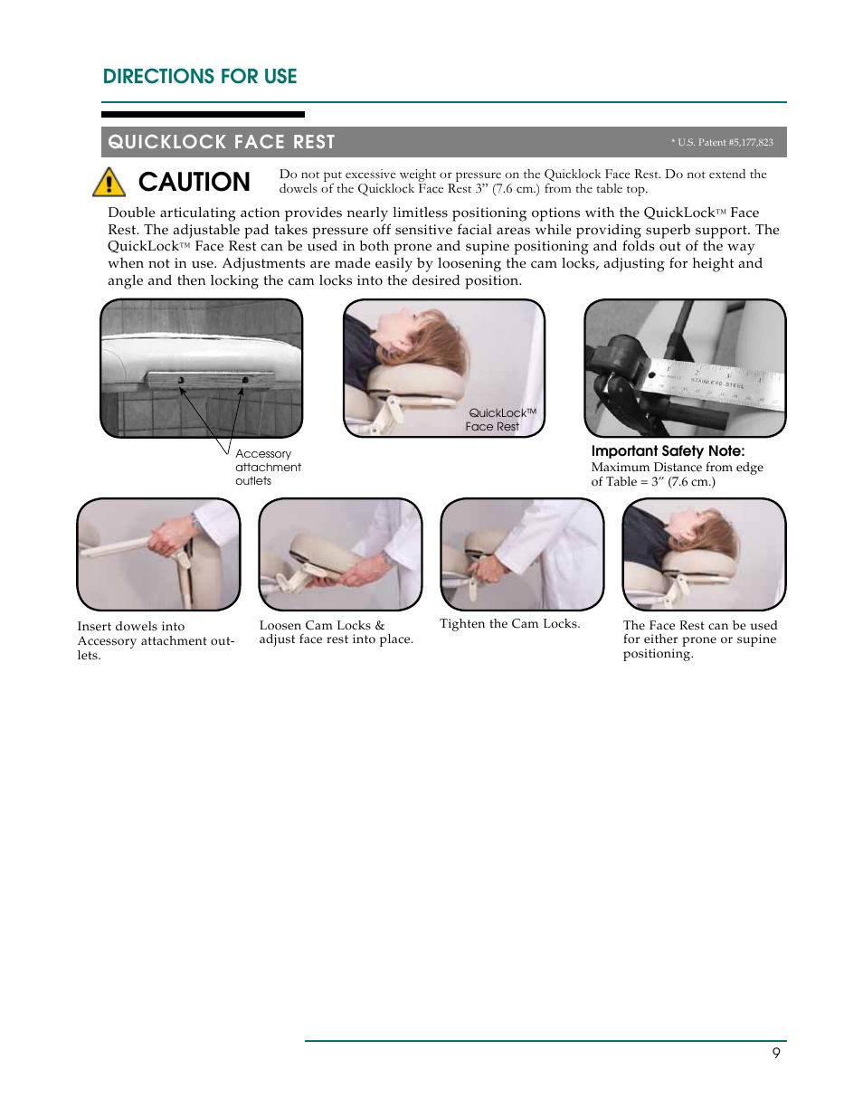 Caution, Directions for use, Quicklock face rest | Oakworks Marina User Manual | Page 12 / 16