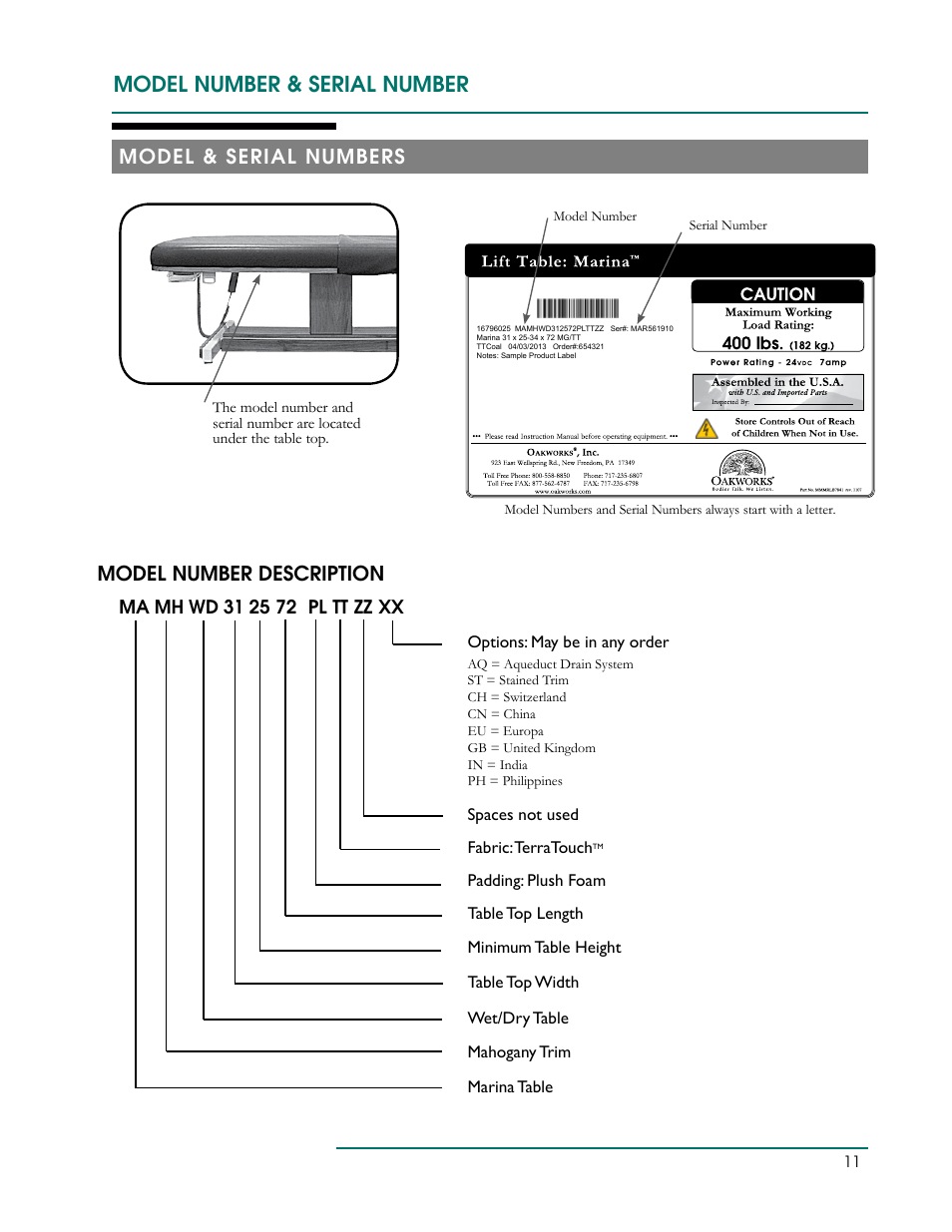 Model number & serial number, Model & serial numbers model number description | Oakworks Marina User Manual | Page 14 / 16
