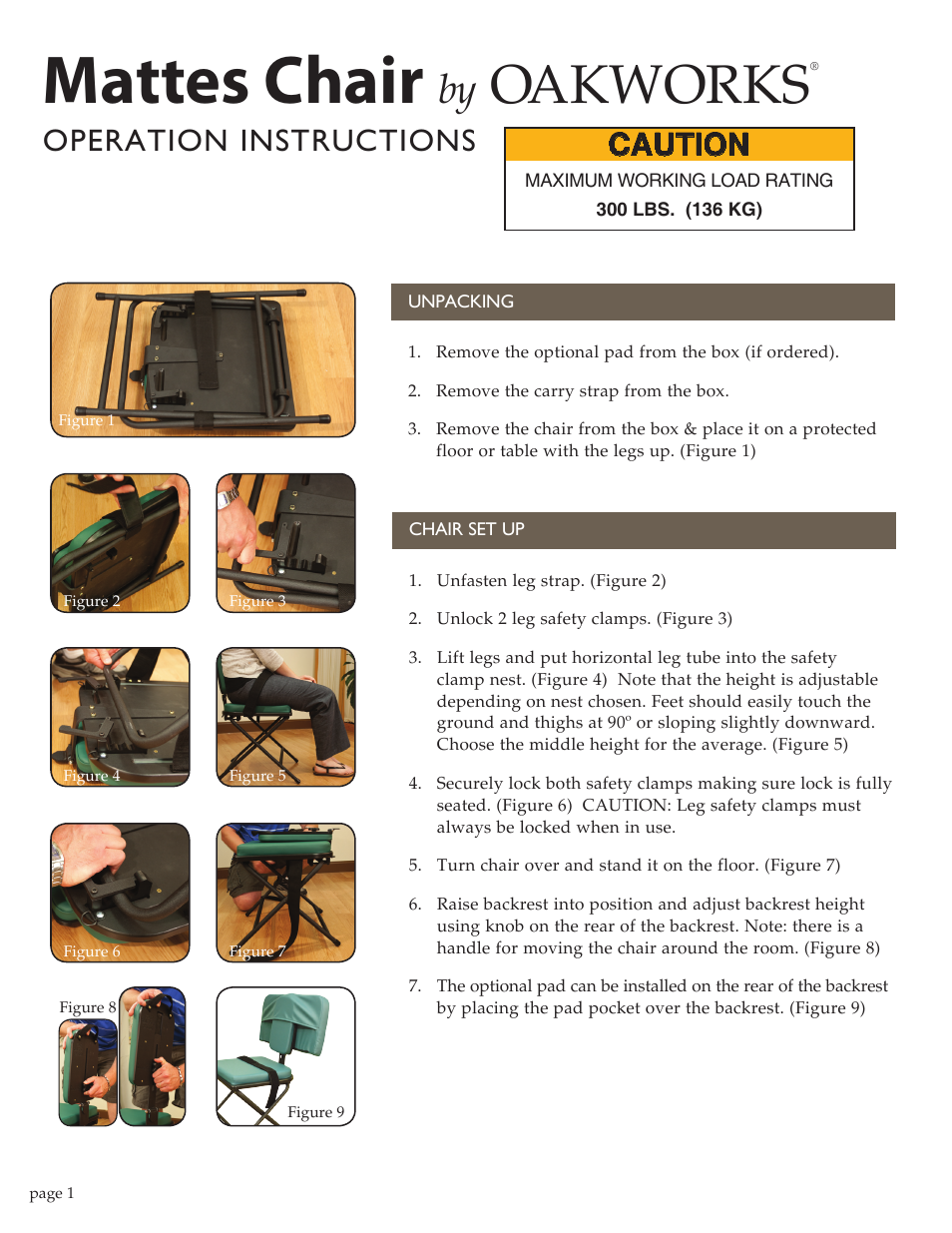 Mattes chair, Oakworks, Operation instructions | Caution | Oakworks Mattes Chair User Manual | Page 2 / 4