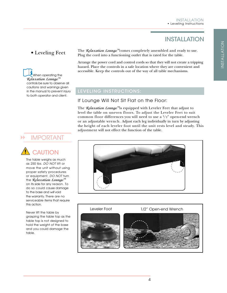 Installation, Caution, Important | Leveling feet | Oakworks Relaxation Lounge User Manual | Page 11 / 24