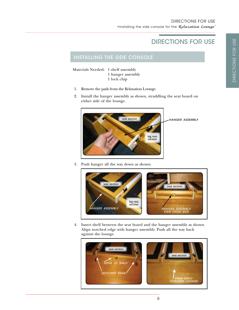 Directions for use, Installing the side console | Oakworks Relaxation Lounge User Manual | Page 13 / 24