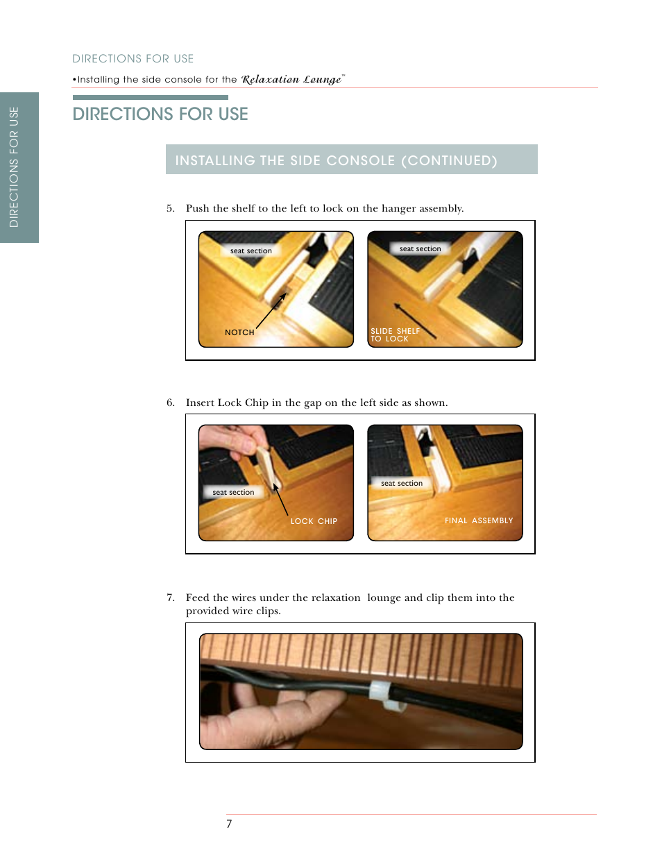 Directions for use, Installing the side console (continued) | Oakworks Relaxation Lounge User Manual | Page 14 / 24