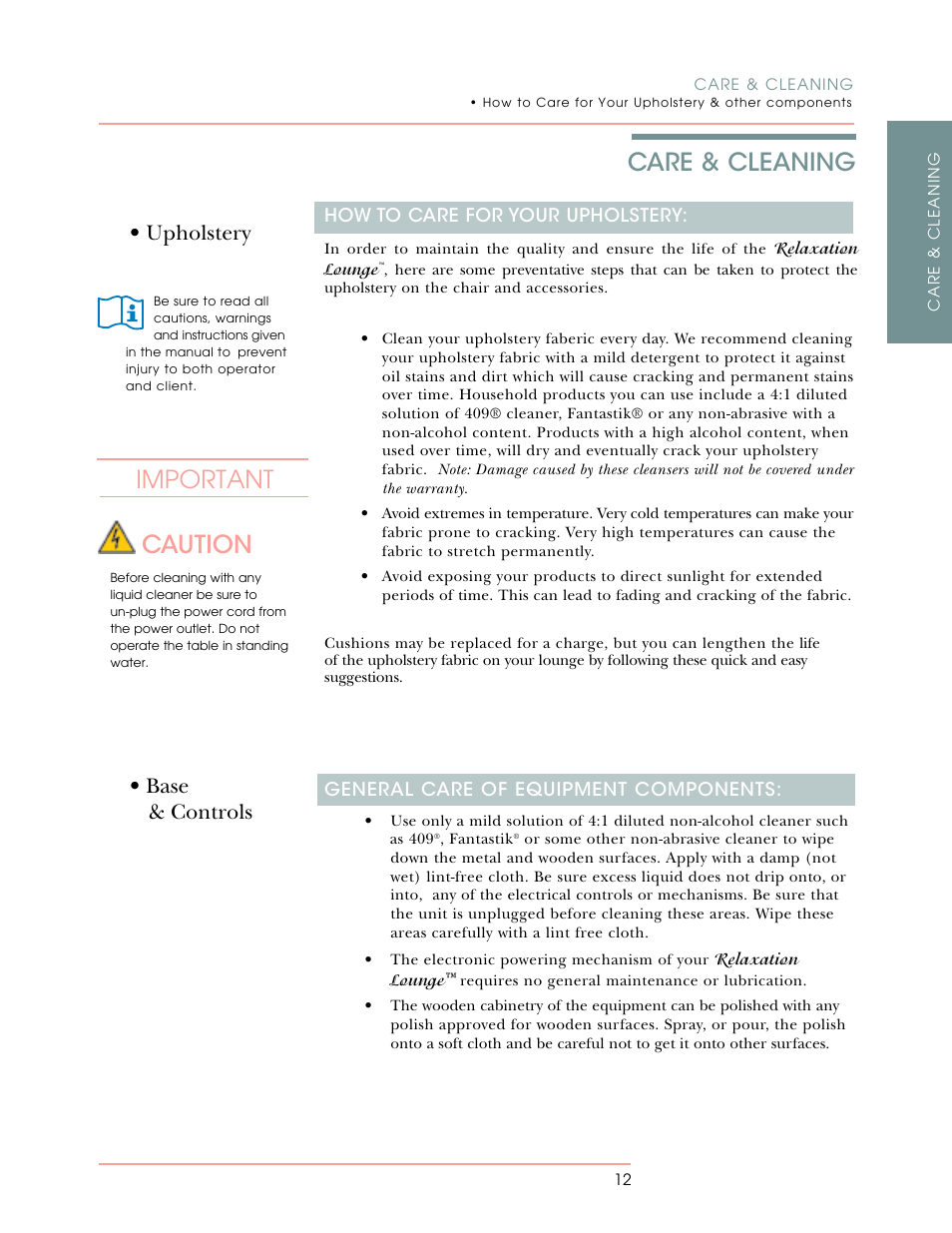 Important caution, Care & cleaning, Upholstery • base & controls | Oakworks Relaxation Lounge User Manual | Page 19 / 24