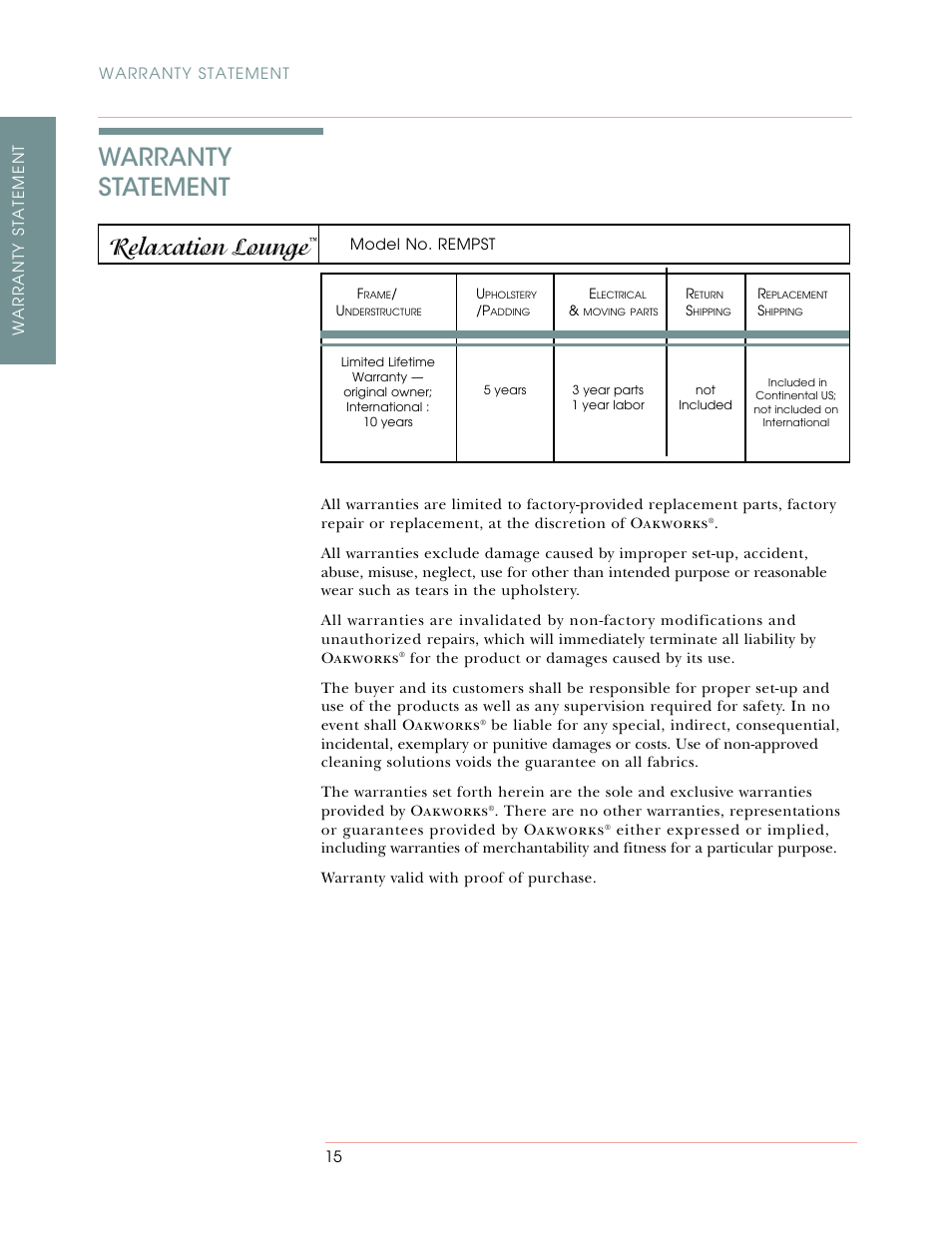 Warranty statement, Relaxation lounge | Oakworks Relaxation Lounge User Manual | Page 22 / 24