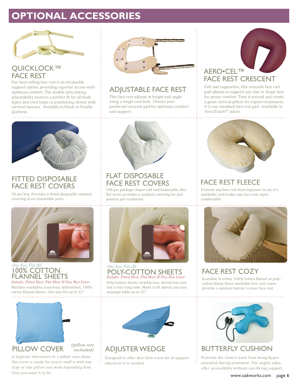 Optional accessories, Face rest cozy, Poly-cotton sheets | 100% cotton flannel sheets, Fitted disposable face rest covers, Flat disposable face rest covers face rest fleece, Aero•cel™ face rest crescent, Adjustable face rest, Quicklock™ face rest, Adjuster wedge butterfly cushion | Oakworks Side Lying Positioning System User Manual | Page 7 / 8