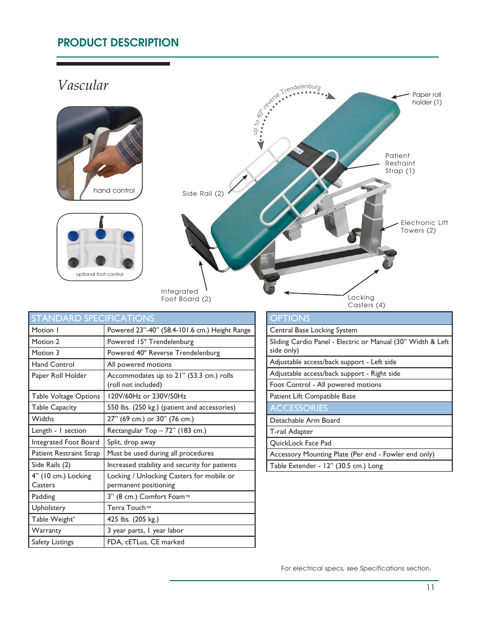 Vascular, Product description, Standard specifications | Options, Accessories | Oakworks Ultrasound / PG Series Rev.B User Manual | Page 14 / 36