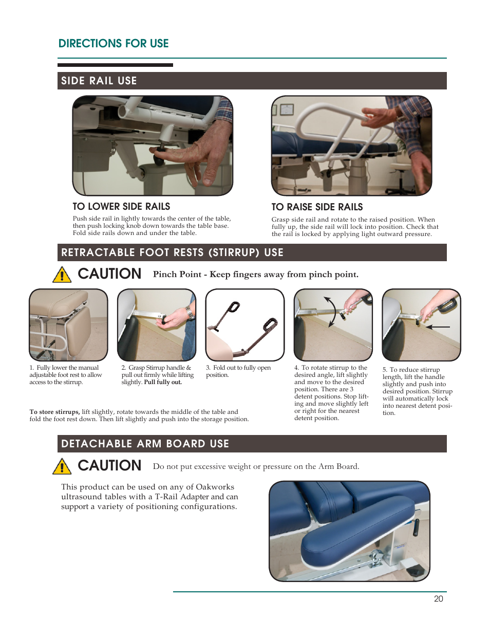 Caution, Directions for use, Side rail use retractable foot rests (stirrup) use | Detachable arm board use, Pinch point - keep fingers away from pinch point | Oakworks Ultrasound / PG Series Rev.B User Manual | Page 23 / 36