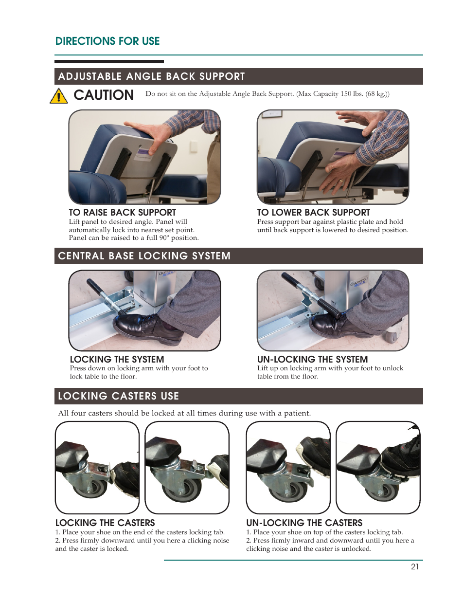 Caution, Directions for use, Adjustable angle back support | Central base locking system locking casters use | Oakworks Ultrasound / PG Series Rev.B User Manual | Page 24 / 36