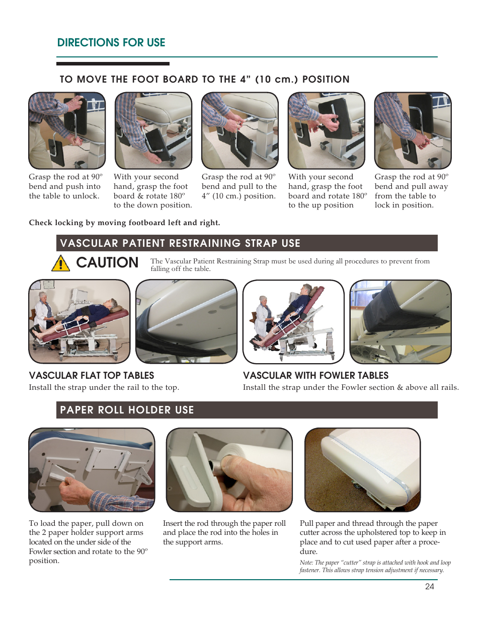 Caution, Directions for use, Vascular patient restraining strap use | Paper roll holder use | Oakworks Ultrasound / PG Series Rev.B User Manual | Page 27 / 36