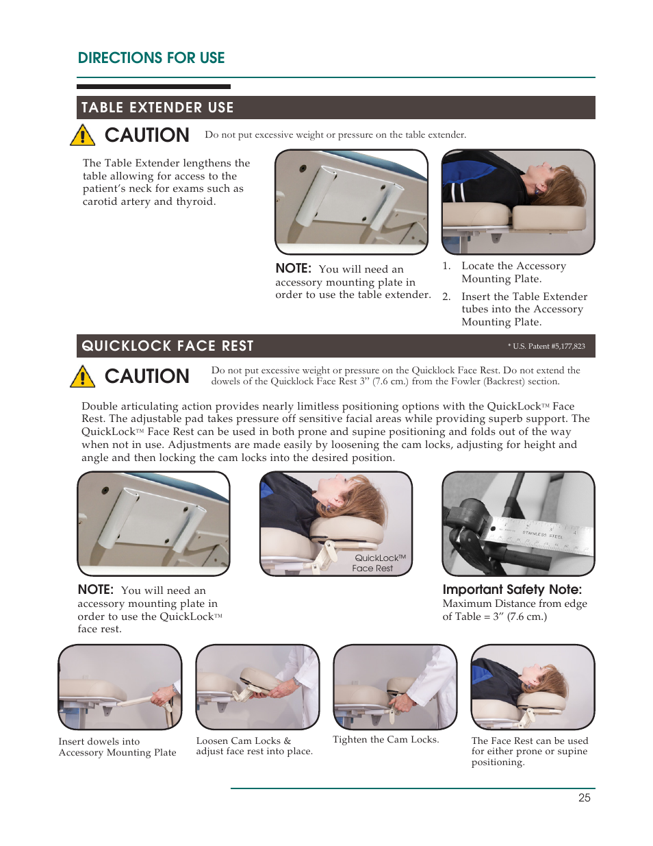Caution, Directions for use, Table extender use | Quicklock face rest | Oakworks Ultrasound / PG Series Rev.B User Manual | Page 28 / 36